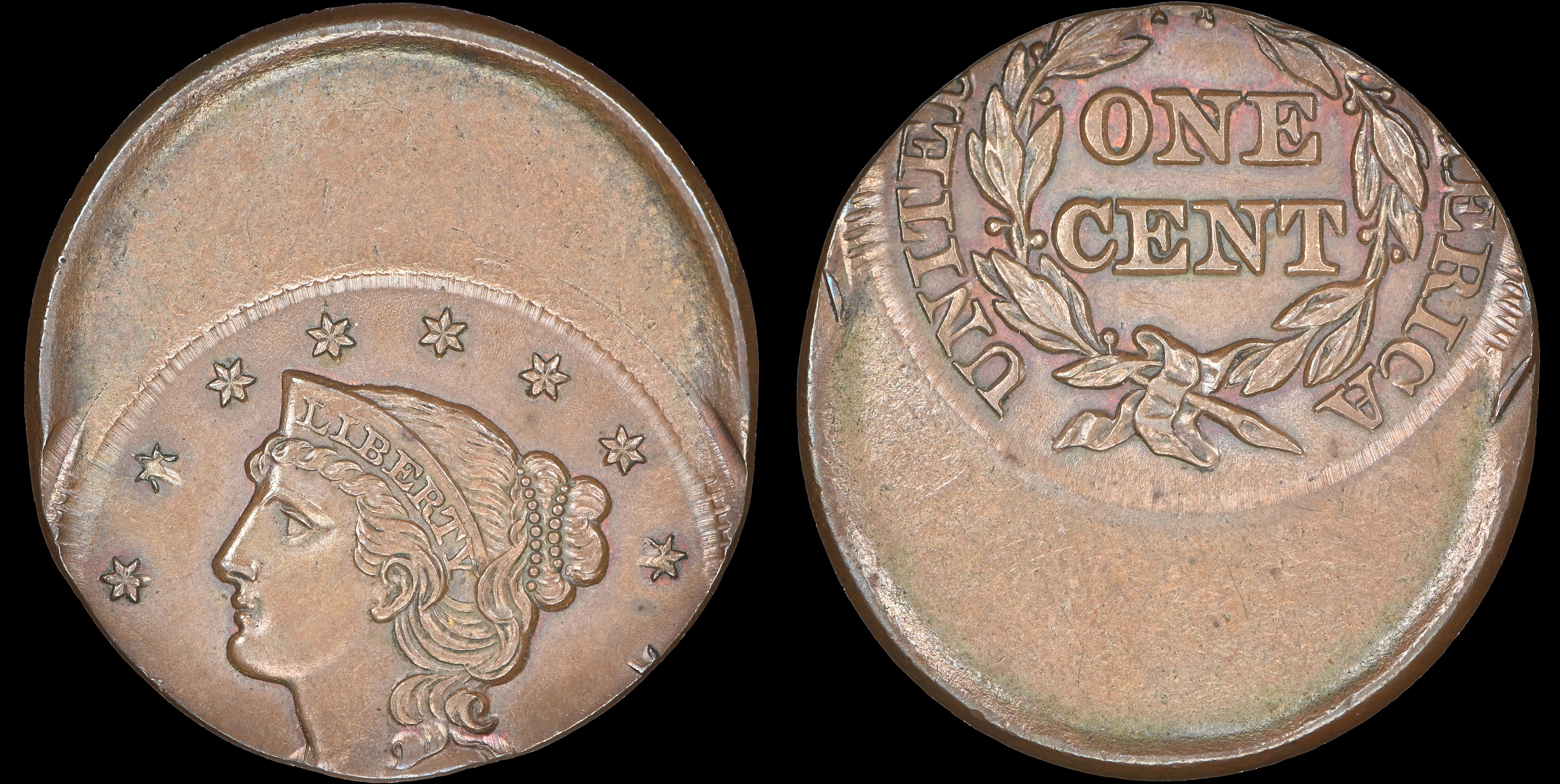 MINT ERROR AMERIKAN CENT (1843-1857) Mature Head Large Cent -- Struck 30% Mint Errror MS 64