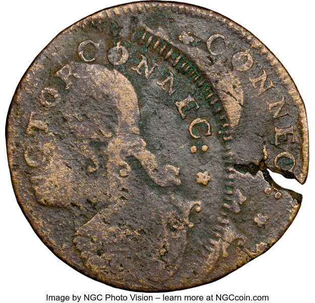 1787 Connecticut Copper, Draped Bust Left, -- Double Struck, Corrosion -- NGC Details. Fine....